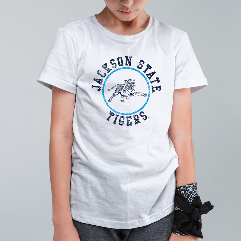 Jackson State Tigers Distressed Circle Logo Youth T Shirt - White