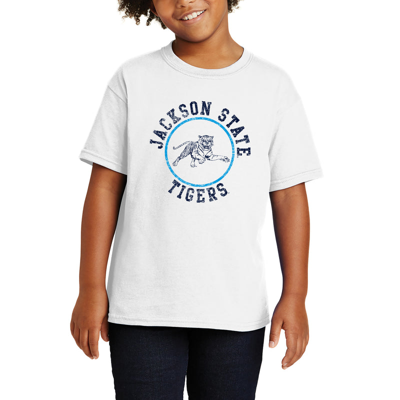 Jackson State Tigers Distressed Circle Logo Youth T Shirt - White