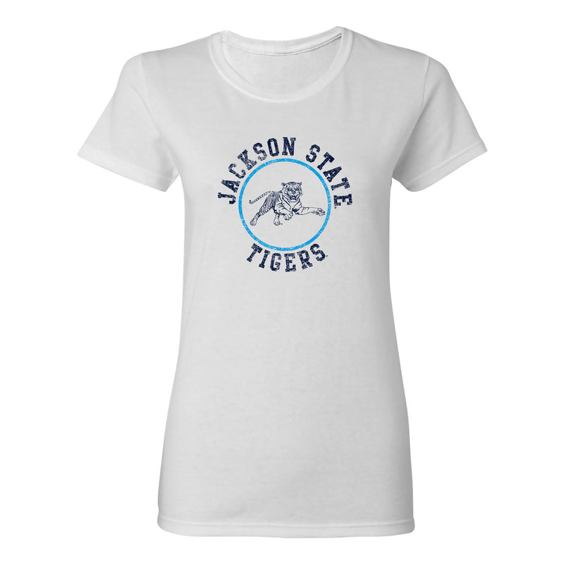 Jackson State Tigers Distressed Circle Logo Womens T Shirt - White