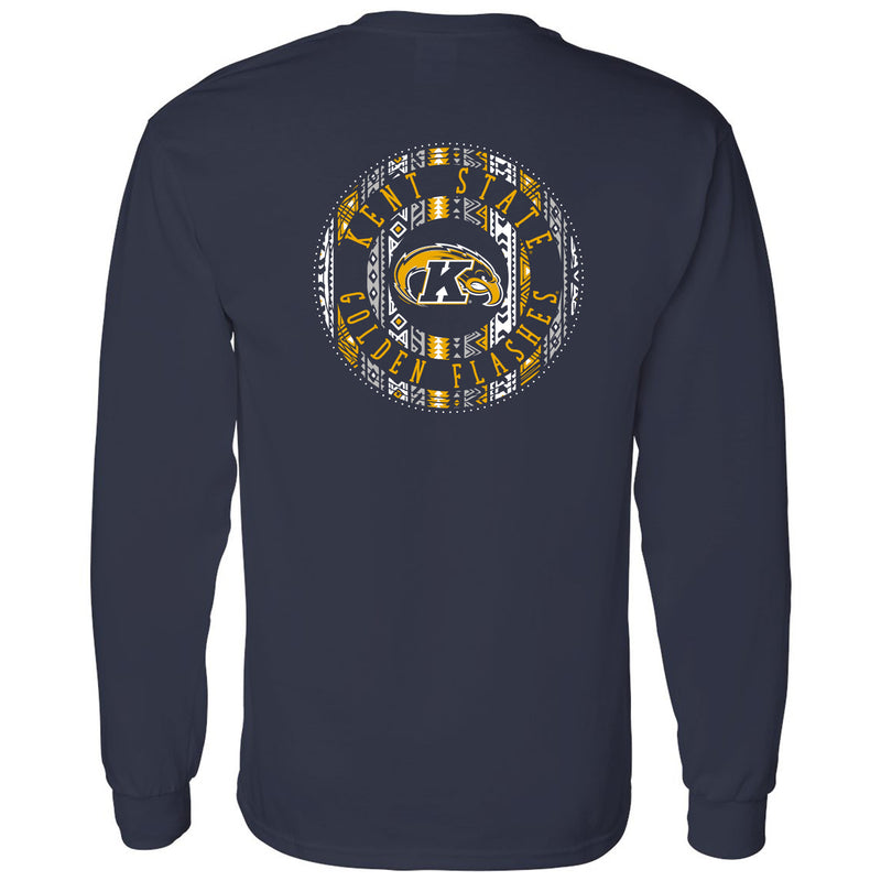 Kent State University Golden Flashes Aztec Pattern Heavy Cotton Long Sleeve T Shirt - Navy