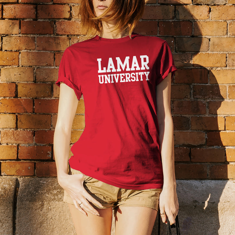 Lamar University Cardinals Basic Block Short Sleeve T Shirt - Red