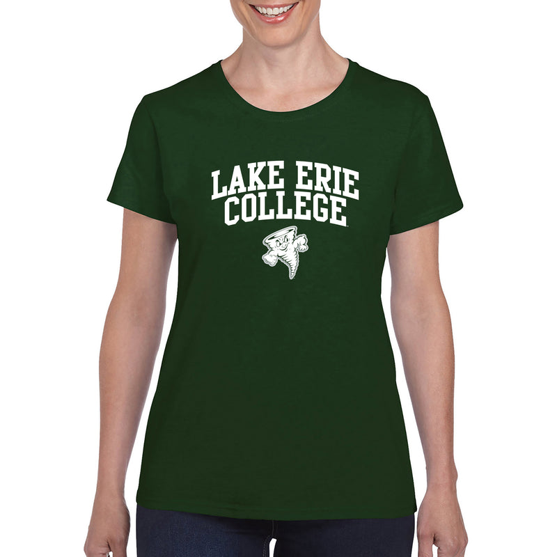 Lake Erie College Storm Arch Logo Womens Short Sleeve T Shirt - Forest