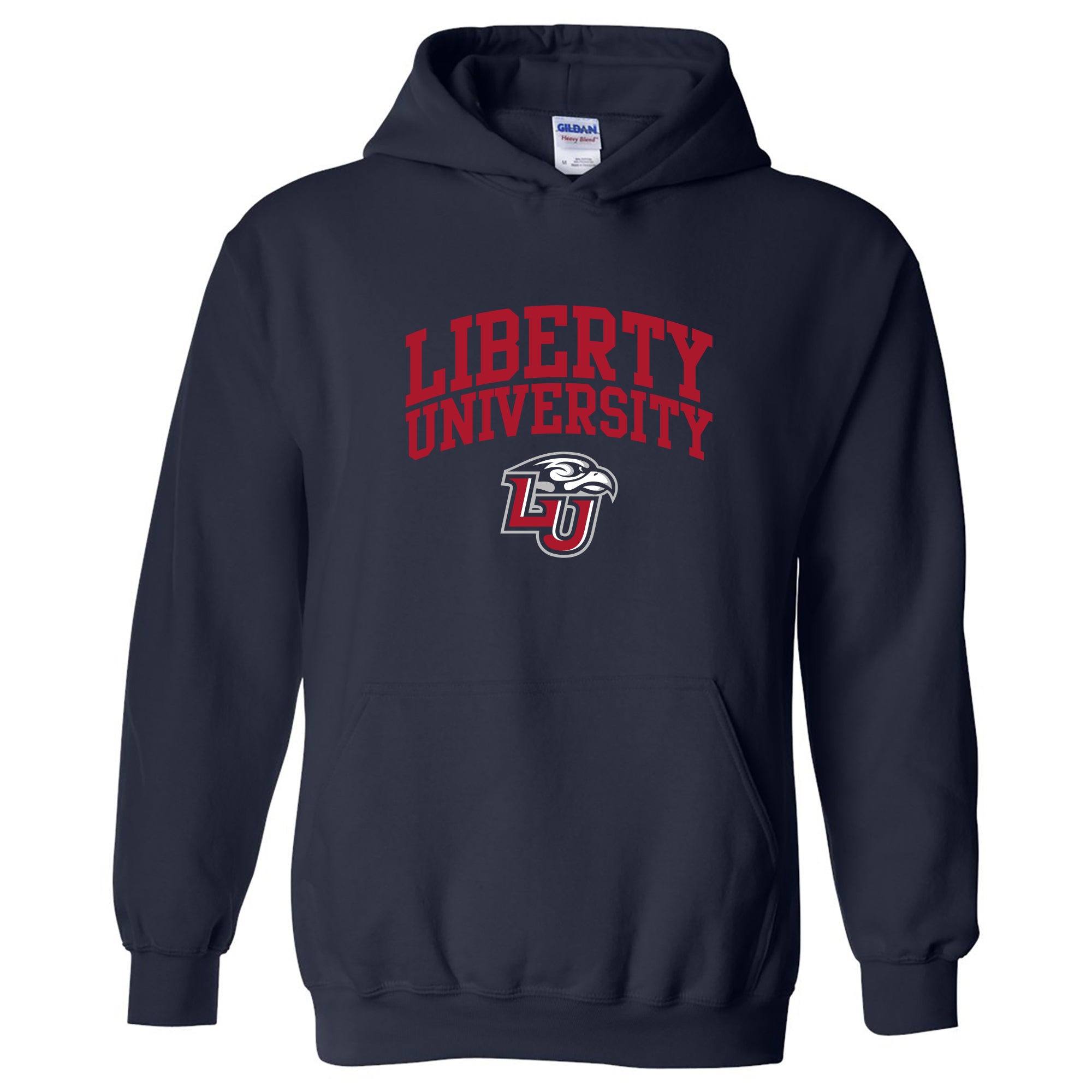 liberty university fan gear Liberty University Flames Arch Logo Heavy Blend Hoodie in Blue | Size: 2XL