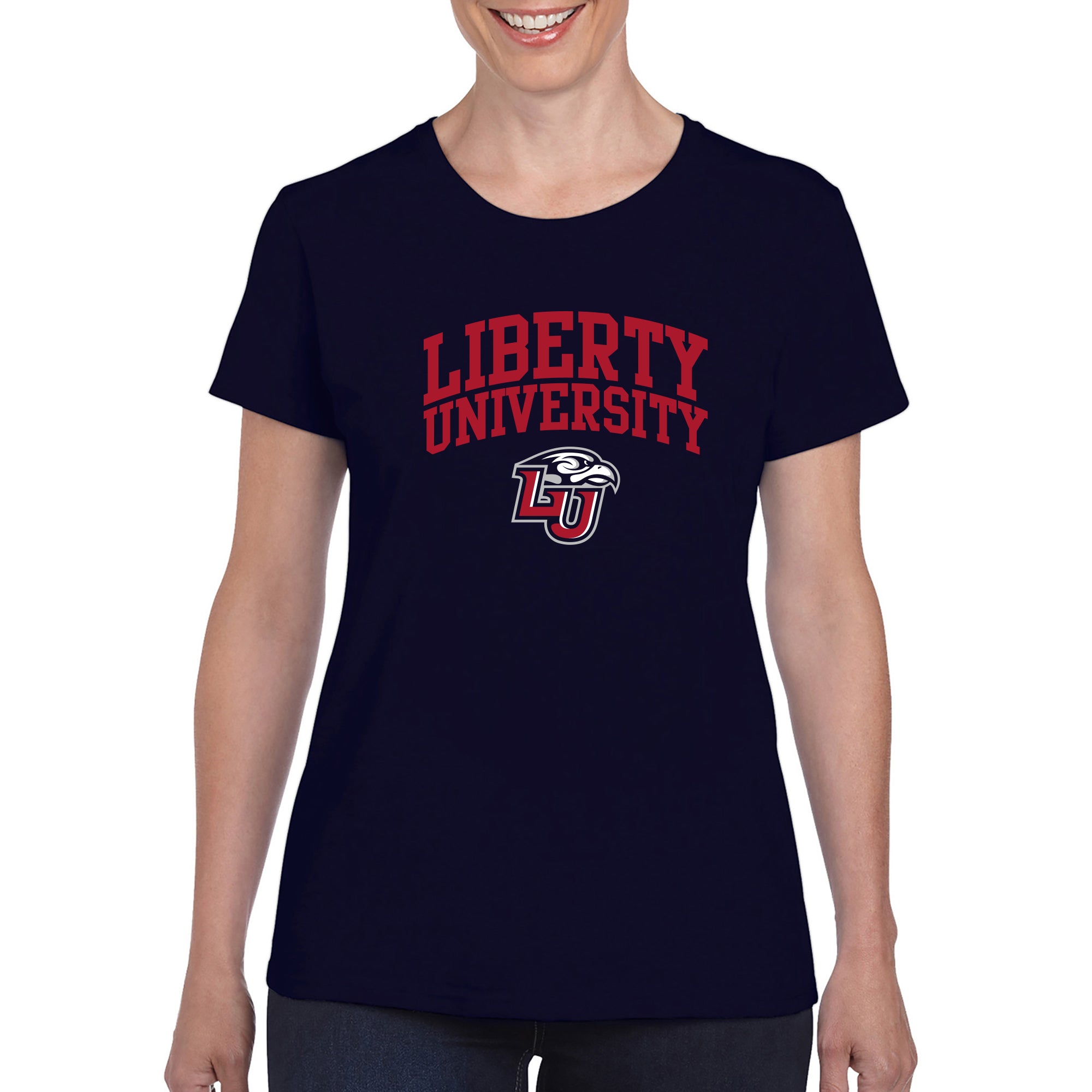 liberty university gear Liberty University Flames Arch Logo Women's T-Shirt in Blue | Size: Medium