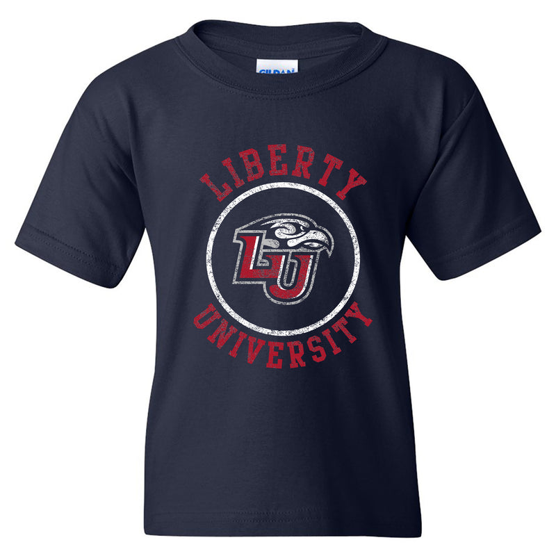 Liberty University Flames Distressed Circle Logo Youth T Shirt - Navy