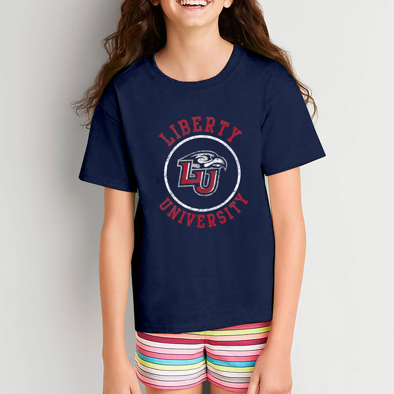 Liberty University Flames Distressed Circle Logo Youth T Shirt - Navy