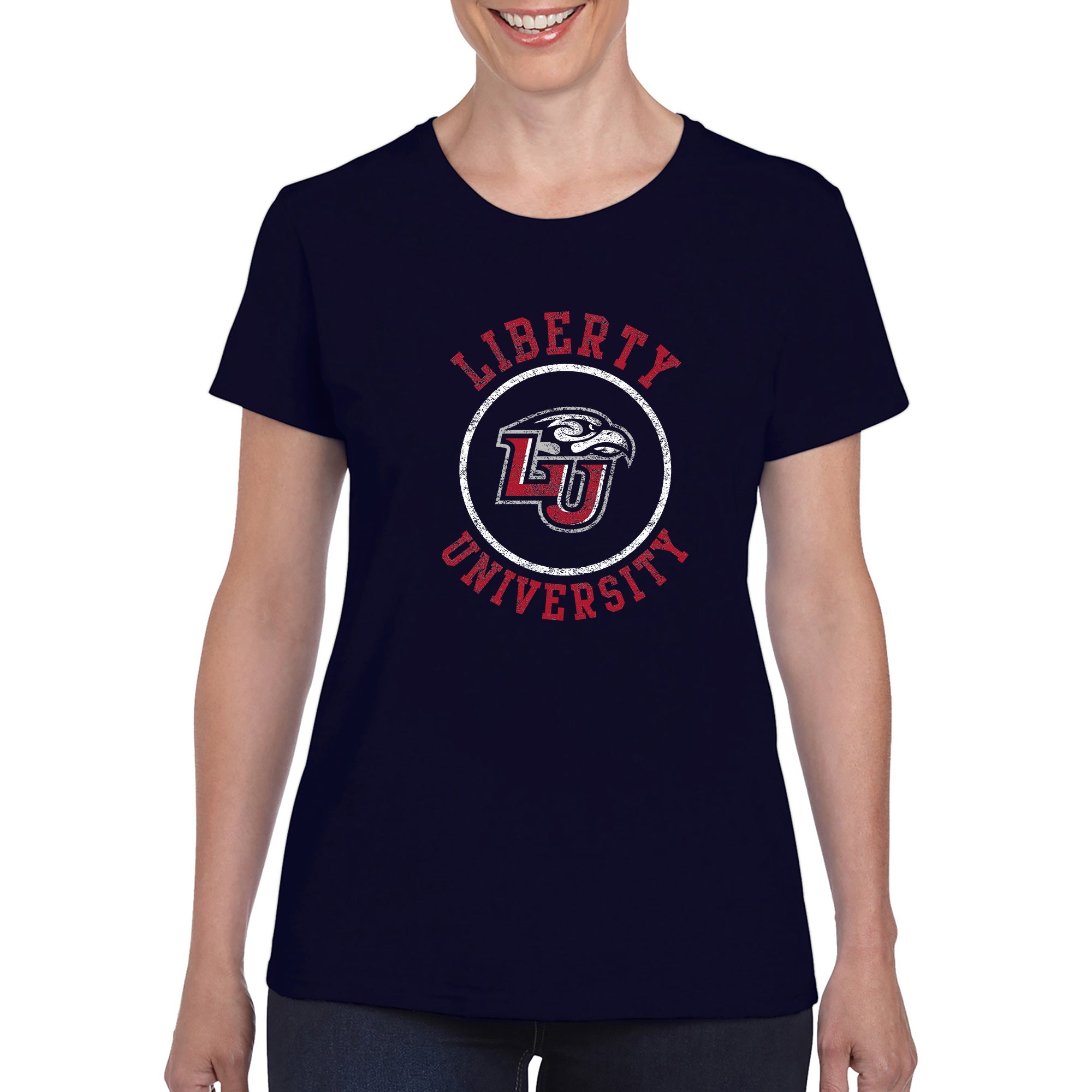 Liberty University Flames Distressed Circle Logo Short Sleeve T-Shirt in Blue | Size: Medium