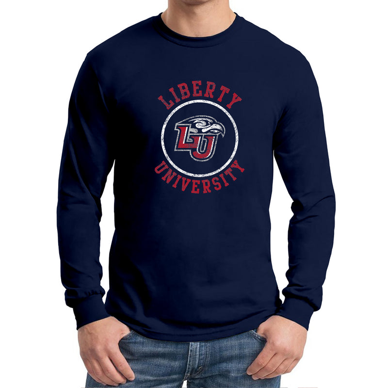 Liberty University Flames Distressed Circle Logo Long Sleeve T Shirt - Navy
