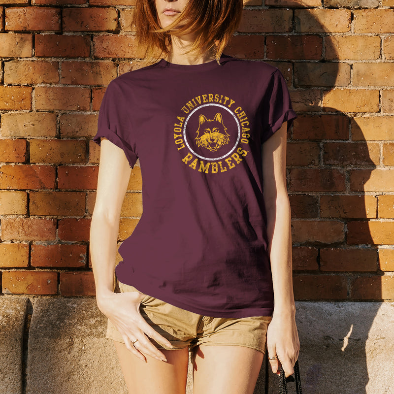Loyola University Chicago Ramblers Distressed Circle Logo Short Sleeve T Shirt - Maroon