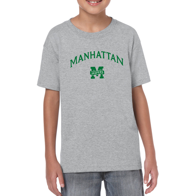 Manhattan College Jaspers Arch Logo Short Sleeve Youth T Shirt - Sport Grey