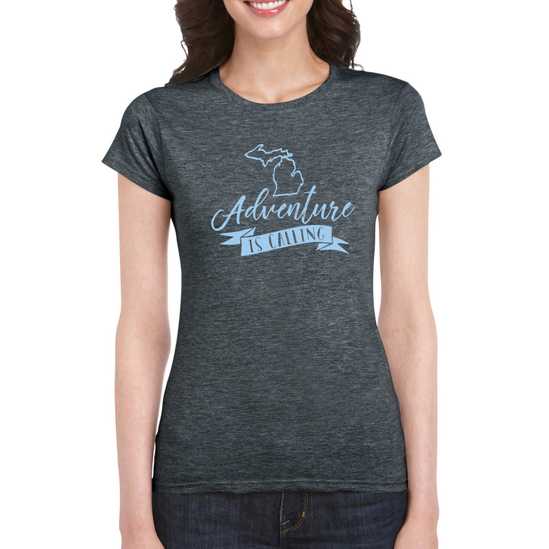 Adventure is Calling Michigan Gildan Womens Softstyle T Shirt - Dark Heather