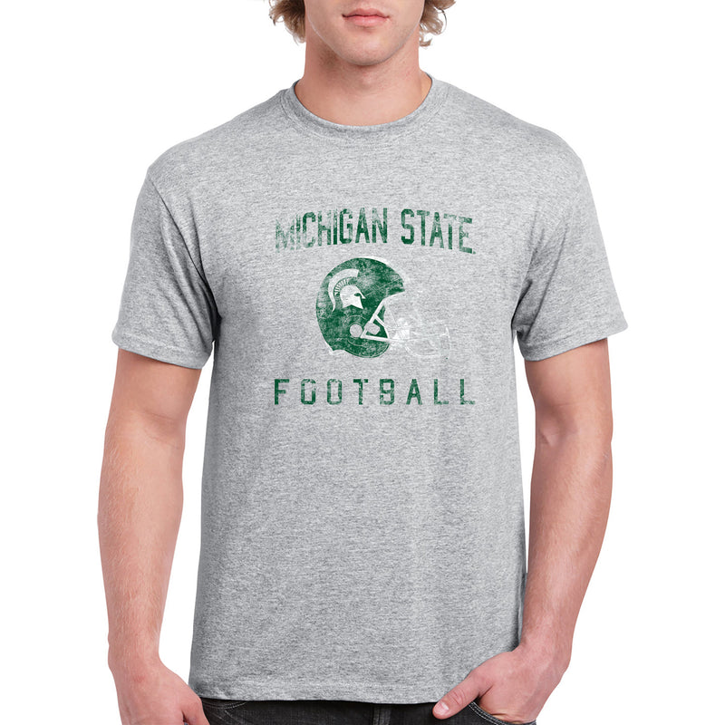 Michigan State University Spartans Faded Football Helmet Basic Cotton Short Sleeve T Shirt - Sport Grey