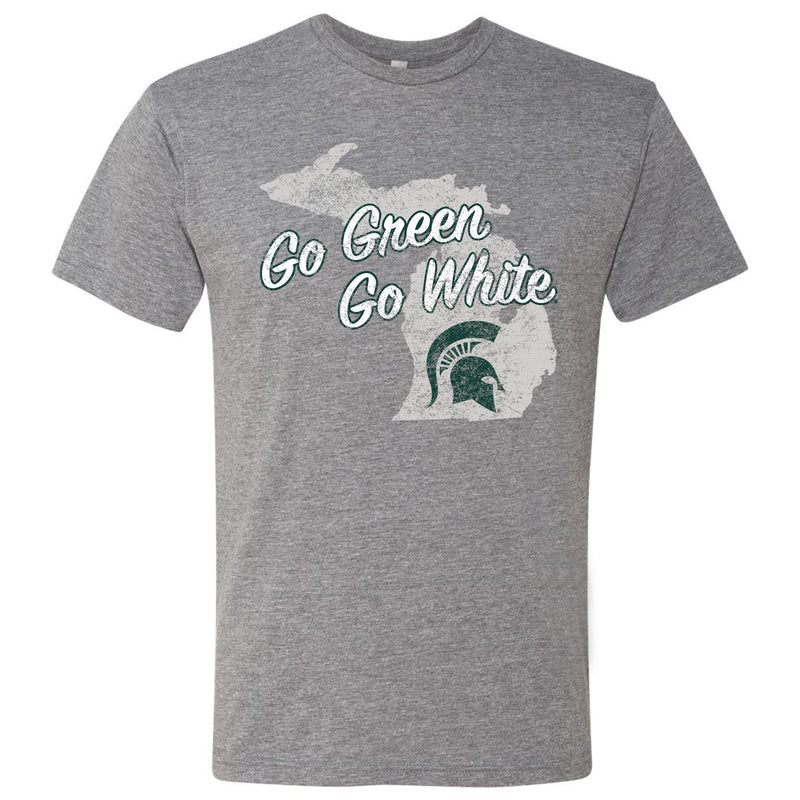 Michigan State University Spartans Michigan Silhouette Go Green Go White Short Sleeve Triblend Tee - Premium Heather