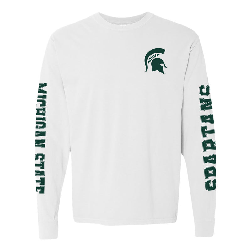 Michigan State University Spartans Left Chest and Double Sleeve Comfort Colors Long Sleeve T Shirt - White