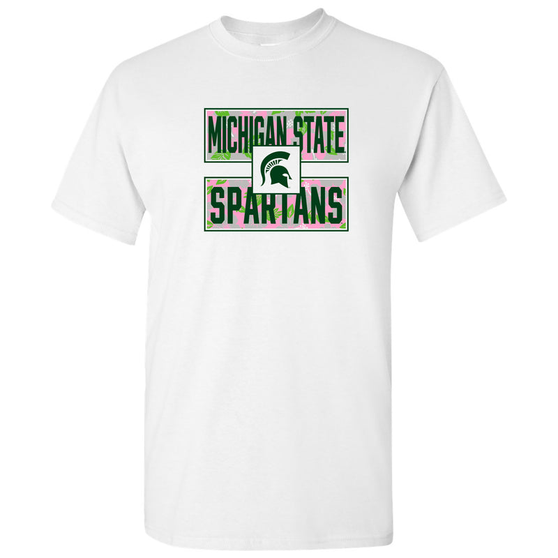 Michigan State University Spartans Hibiscus Pattern Blocks Basic Cotton Short Sleeve T Shirt - White