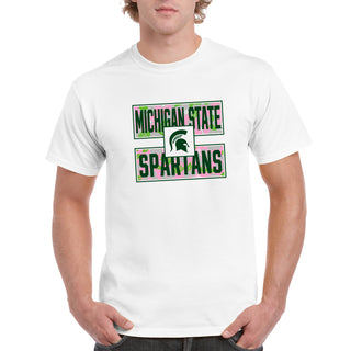 Michigan State University Spartans Hibiscus Pattern Blocks Basic Cotton Short Sleeve T Shirt - White