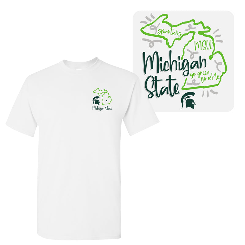 Michigan State University Spartans Playful Sketch Basic Cotton Short Sleeve T Shirt - White