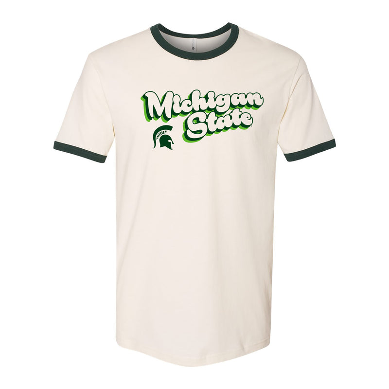 Michigan State University Spartans Groovy Script Logo Ringer T Shirt - Natural/Forest