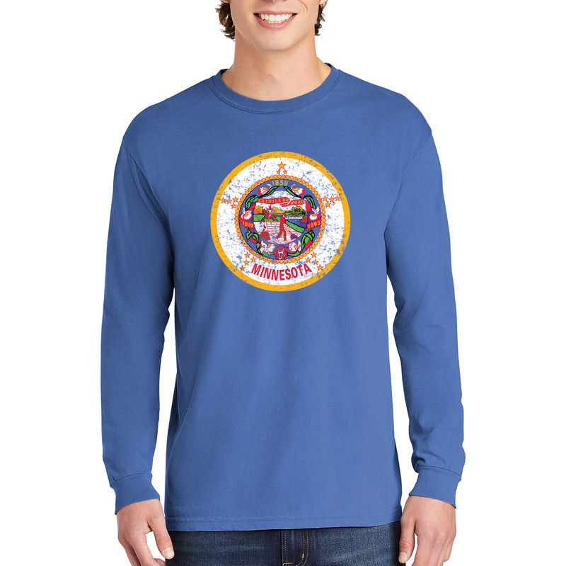 Minnesota State Flag Distressed Comfort Colors Long Sleeve T-Shirt - Flo Blue