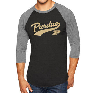 Purdue University Boilermakers Baseball Jersey Script Next Level Raglan - Vintage Black/Premium Heather