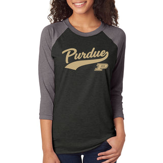 Purdue University Boilermakers Baseball Jersey Script Next Level Raglan - Vintage Black/Premium Heather