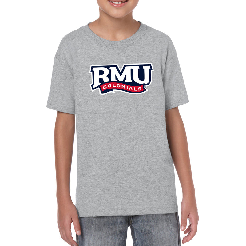 Robert Morris University Colonials Primary Logo Short Sleeve Youth T Shirt - Sport Grey
