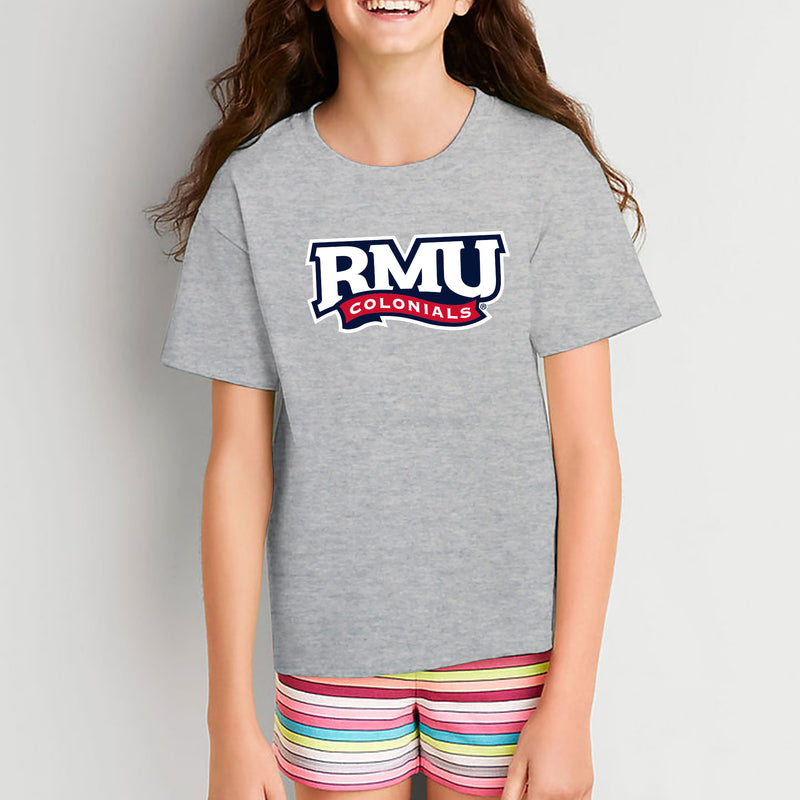 Robert Morris University Colonials Primary Logo Short Sleeve Youth T Shirt - Sport Grey