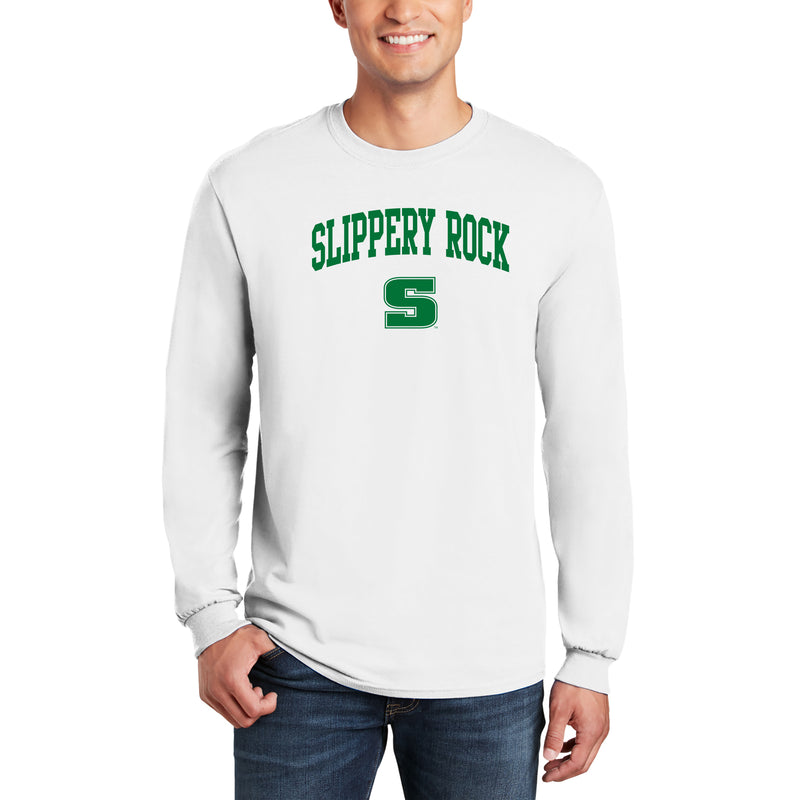 Slippery Rock University The Rock Arch Logo Long Sleeve T Shirt - White
