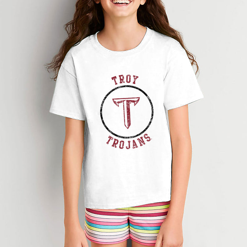 Troy University Trojans Distressed Circle Logo Cotton Youth T-Shirt - White