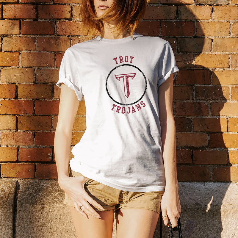Troy University Trojans Distressed Circle Logo Cotton T-Shirt - White