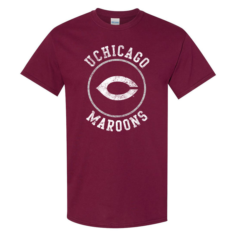 University of Chicago Maroons Distressed Circle Logo Basic Cotton Short Sleeve T Shirt - Maroon