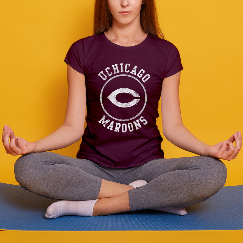 University of Chicago Maroons Distressed Circle Logo Basic Cotton Short Sleeve Womens T Shirt - Maroon