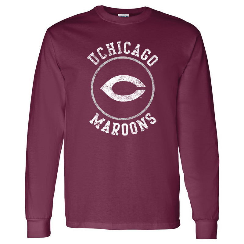 University of Chicago Maroons Distressed Circle Logo Heavy Cotton Long Sleeve T Shirt - Maroon