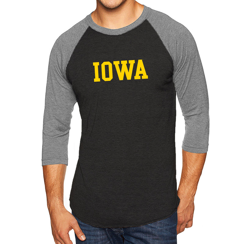 University of Iowa Hawkeyes Basic Block Next Level Raglan T Shirt - Vintage Black/Premium Heather