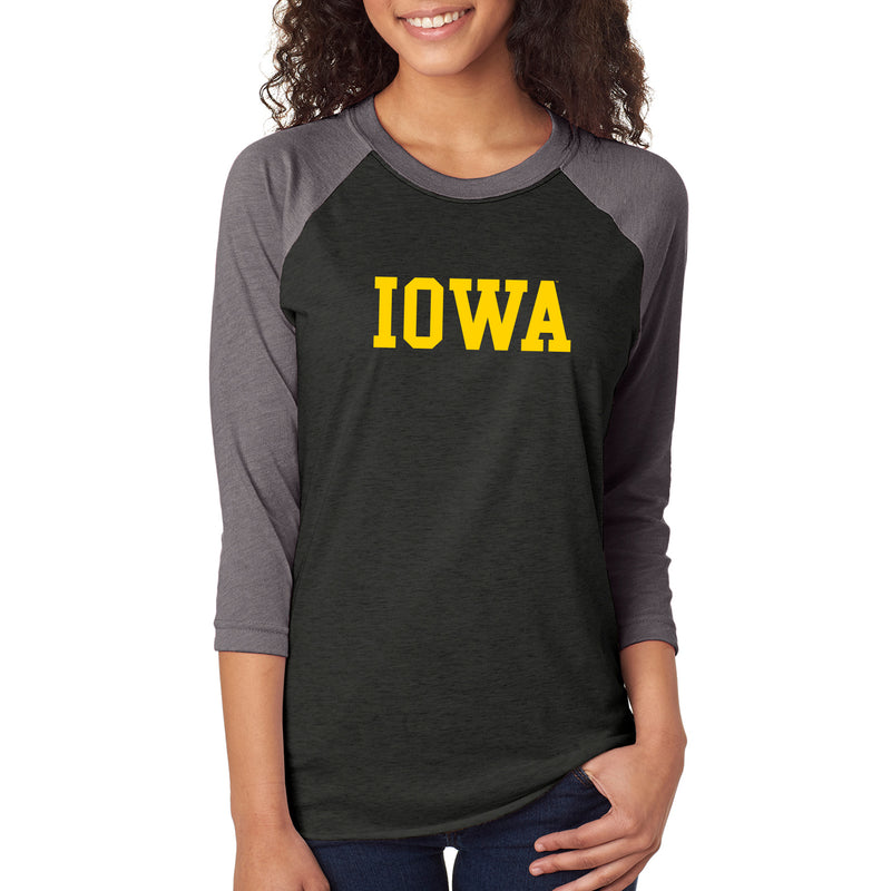 University of Iowa Hawkeyes Basic Block Next Level Raglan T Shirt - Vintage Black/Premium Heather