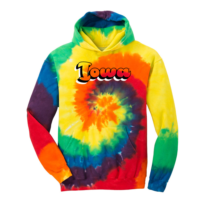 Iowa Retro Bubble Script Tie-Dye Youth Hooded Sweatshirt - Rainbow