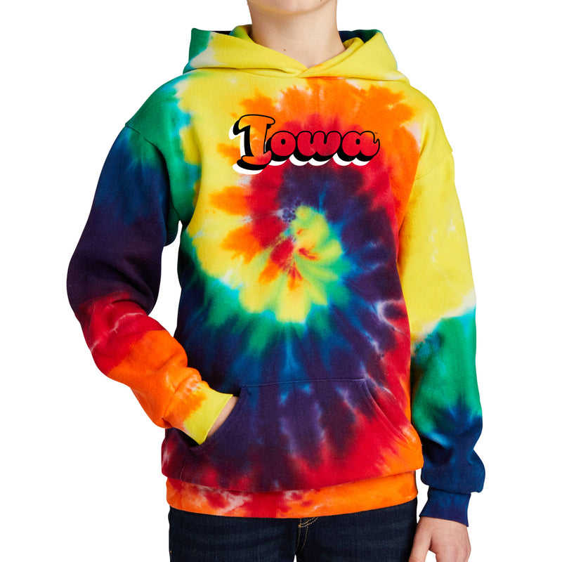Iowa Retro Bubble Script Tie-Dye Youth Hooded Sweatshirt - Rainbow