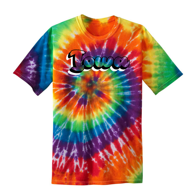 Iowa Retro Bubble Script Youth Tie Dye T-Shirt - Rainbow