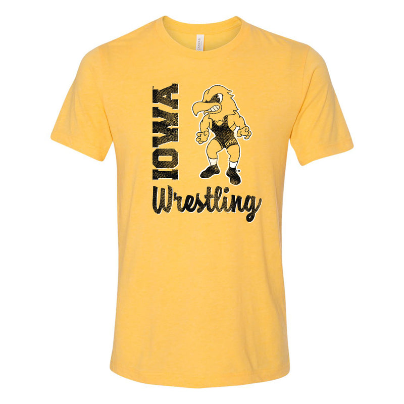 University of Iowa Hawkeyes Herky Wrestling Script Triblend Short Sleeve T-Shirts - Yellow Gold Triblend