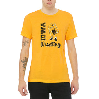 University of Iowa Hawkeyes Herky Wrestling Script Triblend Short Sleeve T-Shirts - Yellow Gold Triblend