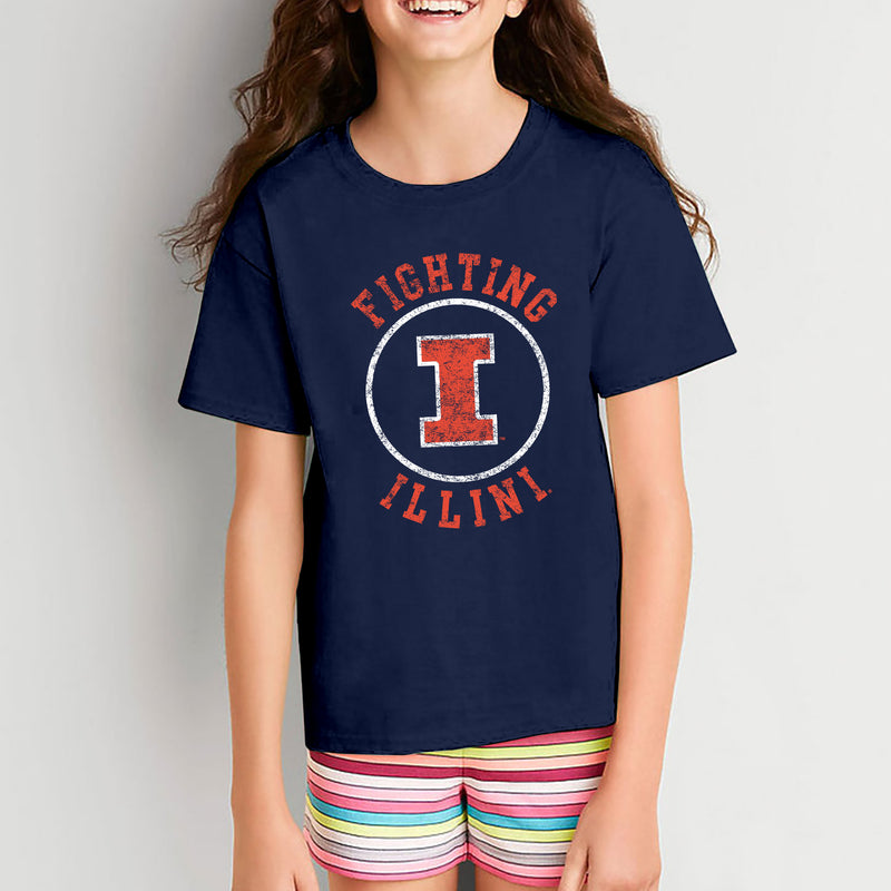 University of Illinois Fighting Illini Distressed Circle Logo Cotton Youth T-Shirt - Navy