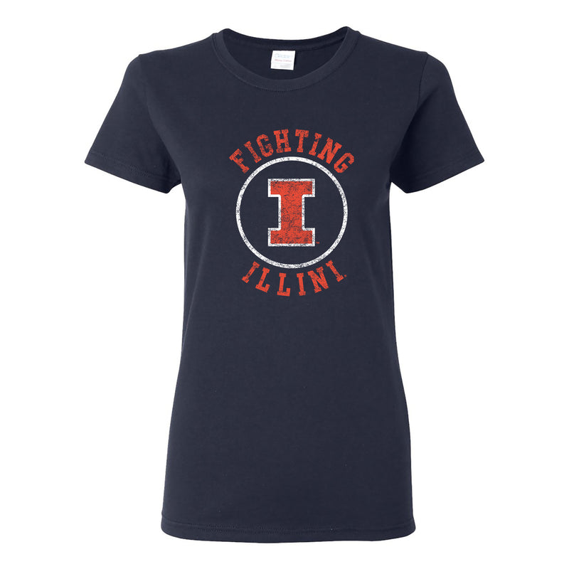University of Illinois Fighting Illini Distressed Circle Logo Cotton Womens T-Shirt - Navy