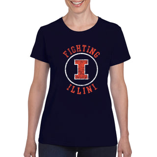 University of Illinois Fighting Illini Distressed Circle Logo Cotton Womens T-Shirt - Navy