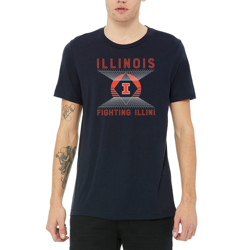 Illinois Fighting Illini Vaporwave Grid Triblend T Shirt - Solid Navy
