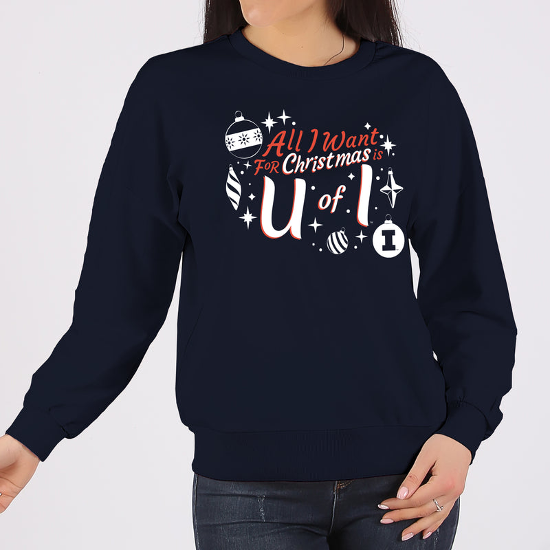 Illinois Fighting Illini All I Want For Christmas Is U of I Crewneck Sweatshirt - Navy