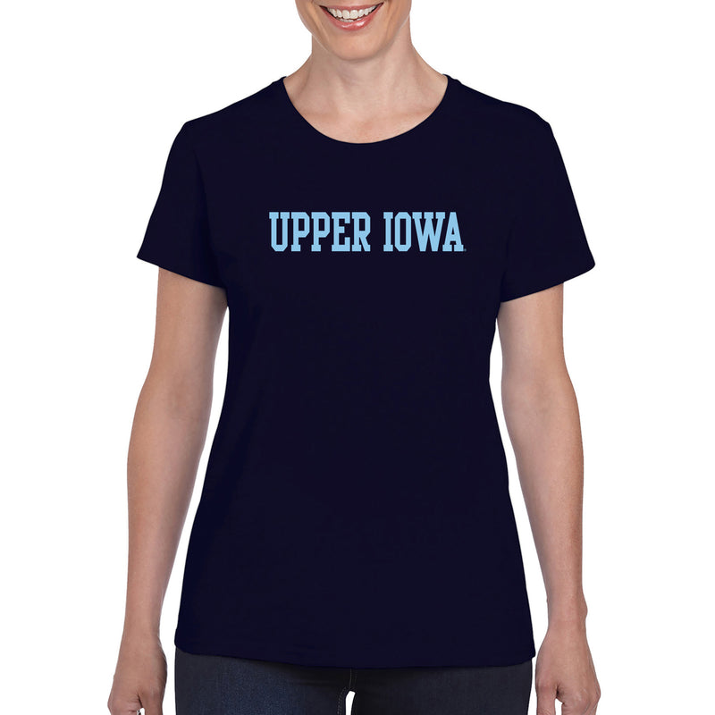 Upper Iowa University Peacocks Basic Block Heavy Cotton Womens Short Sleeve T Shirt - Navy