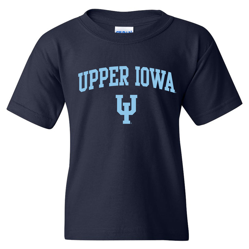 Upper Iowa University Peacocks Arch Logo Basic Cotton Youth Short Sleeve T Shirt - Navy