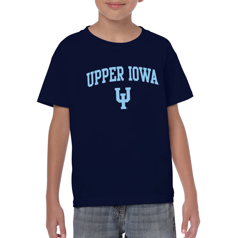 Upper Iowa University Peacocks Arch Logo Basic Cotton Youth Short Sleeve T Shirt - Navy