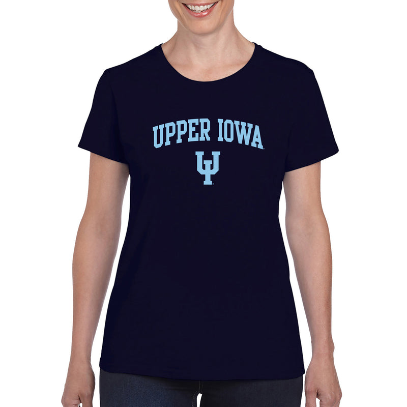 Upper Iowa University Peacocks Arch Logo Basic Cotton Womens Short Sleeve T Shirt - Navy