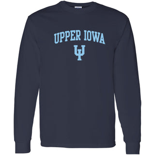 Upper Iowa University Peacocks Arch Logo Basic Cotton Long Sleeve T Shirt - Navy